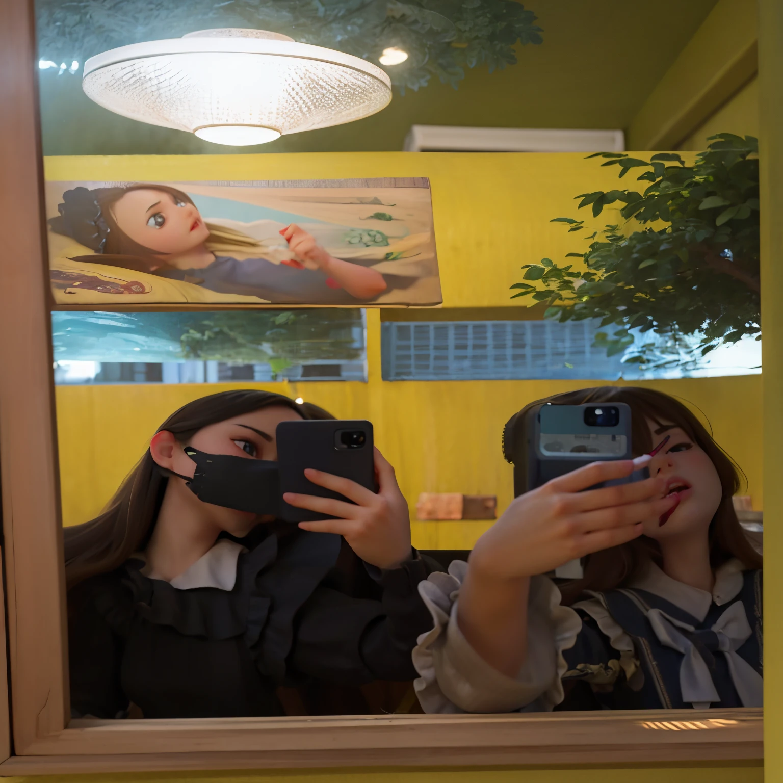 Dos chicas tomándose un selfie frente a un espejo en un restaurante. -  SeaArt AI