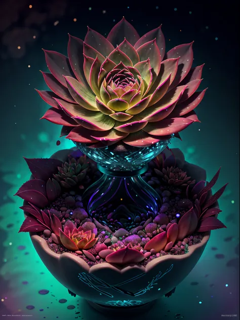 There&#39;s a succulent that glows in the dark，glowing succulents，Glowing succulent flowers，Crystal chalice placed on succulents...
