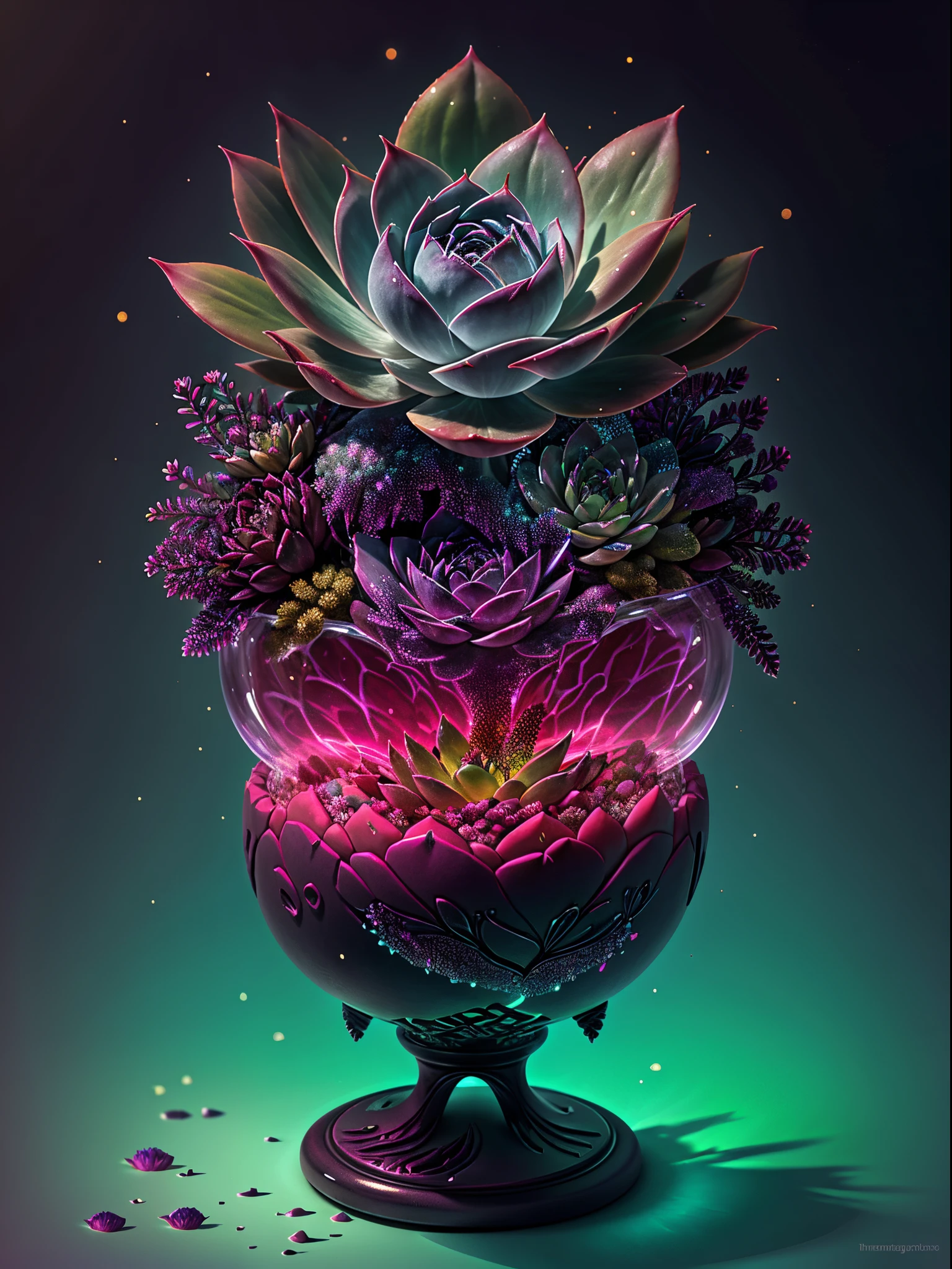 There&#39;s a succulent that glows in the dark，glowing succulents，Glowing succulent flowers，Crystal chalice placed on succulents，Amazing colorful succulent flowers，Surreal pregnant flower，glowing neon succulents，Glowing delicate succulent flowers, ，Ghibli-like colours, Pixar, UHD, masterpiece, ccurate, anatomically correct, textured skin, super detail, high details, high quality, award winning, 16k, best quality