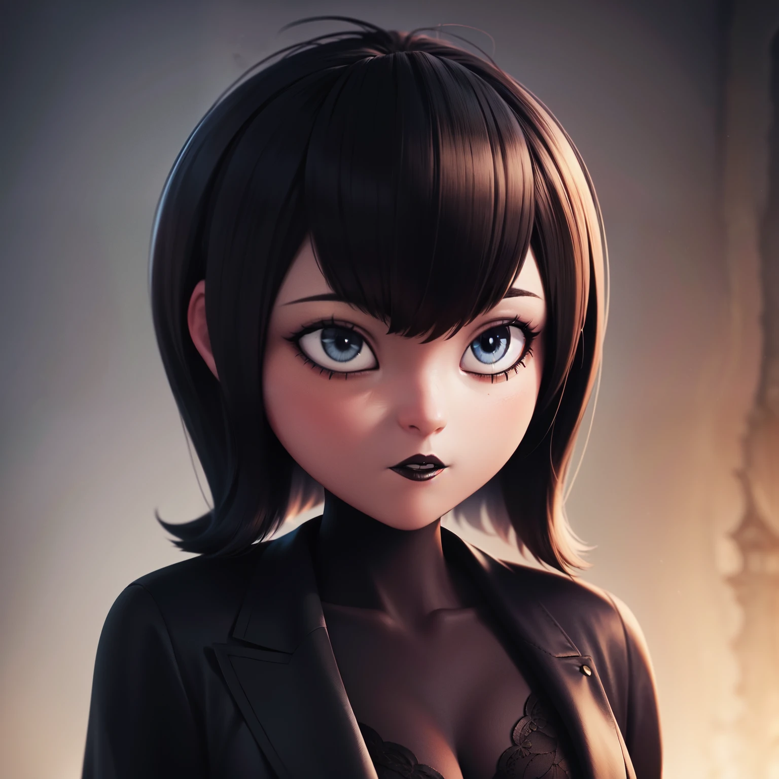 Mavis, 1 girl, short fur, brunette color hair, focused only, 黑The eye, cosmetics, lipsticks, Black lips, (Black magic:1.2), (left:1.2), Gothic vampire wearing three piece suit, (Complicated details), (the ultra-detailed), 8k high dynamic range, high detal, A lot of detail, high qulity, (coloring)