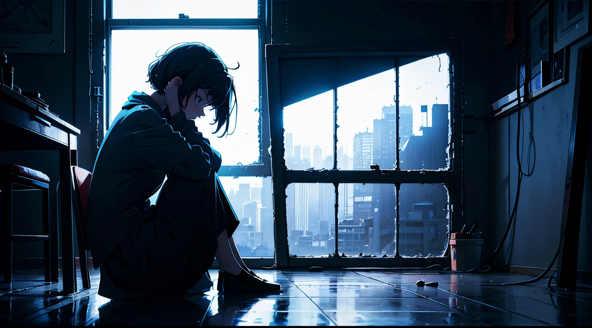 abstract ,Girl sitting in the corner, window light, hands on her head, looking down, dark light, depression, sad theme, long range shot
