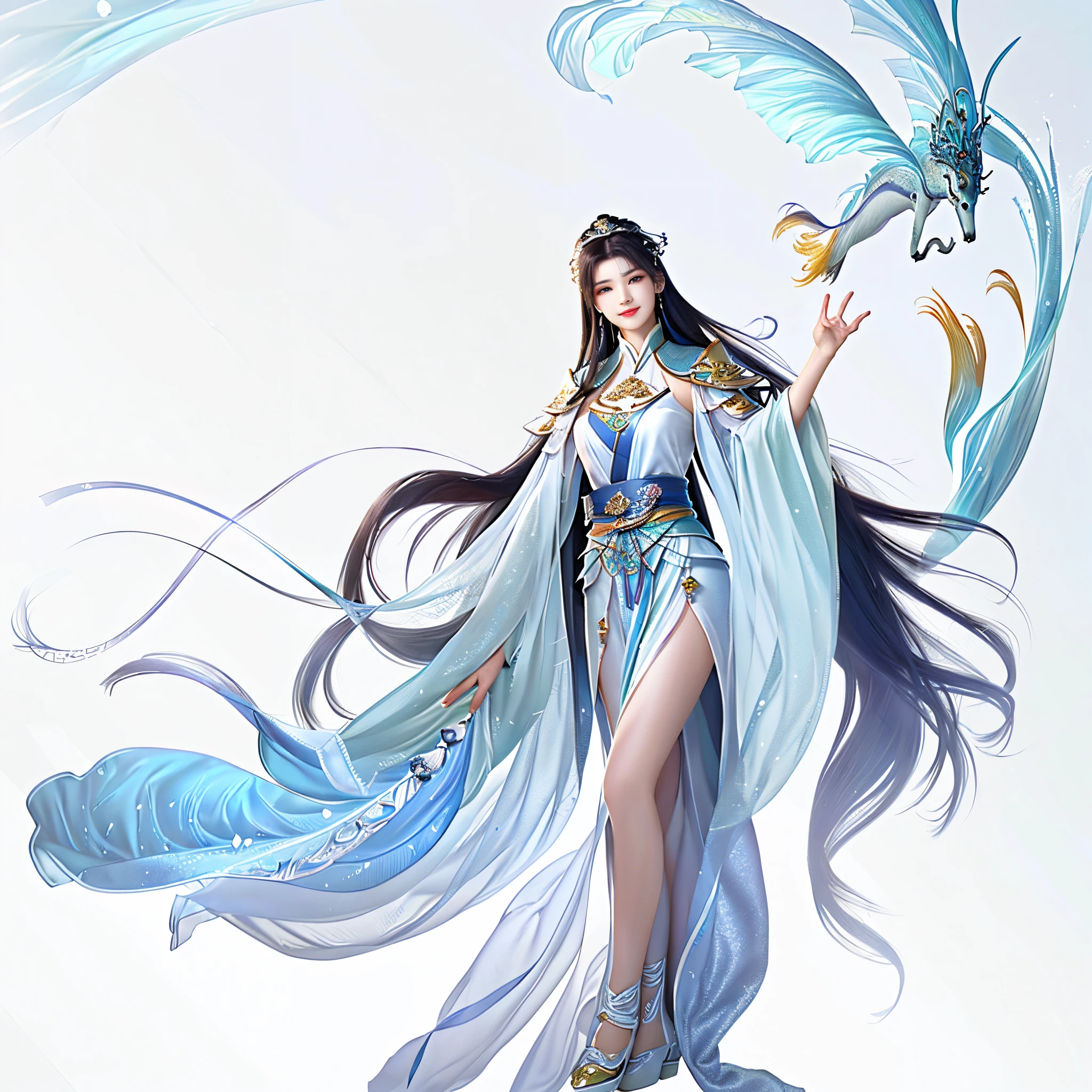 a girl watch at distance,  smiling,Chinese ancient god, Xianxia, standing! full body, beautiful fantasy empress, Beautiful celestial mage, long black hair, Queen of the Sea Mu Yanling, ethereal essence, ((beautiful fantasy empress)), anime goddess, beautiful youth spirit, G Liulian art style, Flowing magic robes， On the table,Best quality at best,ultra - detailed,A high resolution,A high resolution,4K,4K portrait,8k,8k portrait,Unity 8k Wallpaper,Extremely detailed CG,current,RAW photogr,Real Human,portrait photo of,realisticlying,Glossy glossy skin,Delicate skin,