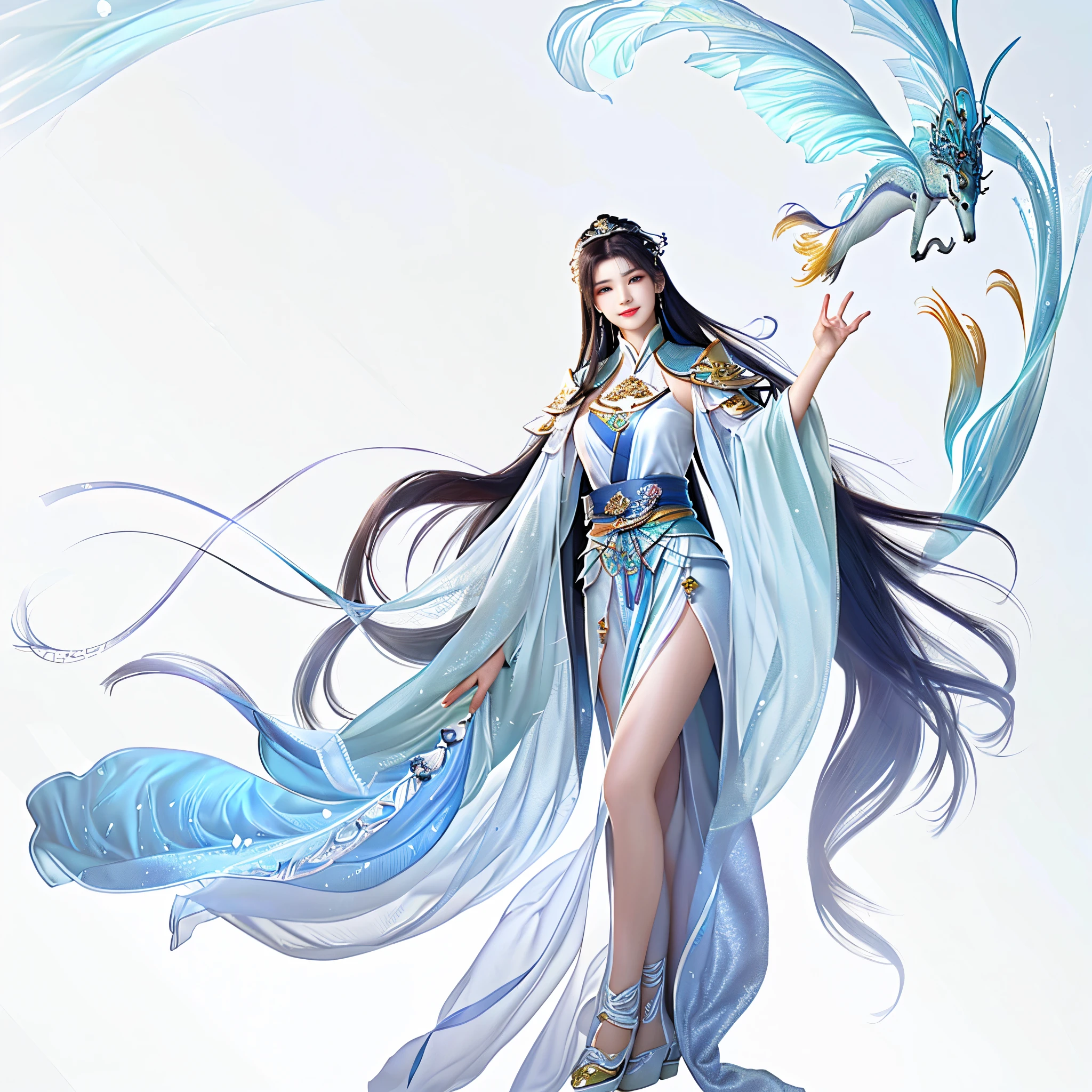 una chica mira a distancia,  sonriente,dios antiguo chino, xianxia, de pie! cuerpo completo, hermosa emperatriz de fantasía, hermoso mago celestial, pelo largo y negro, reina del mar mu yanling, esencia etérea, ((hermosa emperatriz de fantasía)), diosa del anime, hermoso espíritu juvenil, Estilo artístico de G Liulian, Túnicas mágicas que fluyen， en la mesa,La mejor calidad en el mejor de los casos.,ultra-detallado,Una alta resolución,Una alta resolución,4k,4k portrait,8K,retrato 8K,Fondo de pantalla de unidad 8k,CG extremadamente detallado,actual,Fotógrafo RAW,humano real,foto de retrato de,siendo realista,Piel brillante y brillante,Piel delicada,