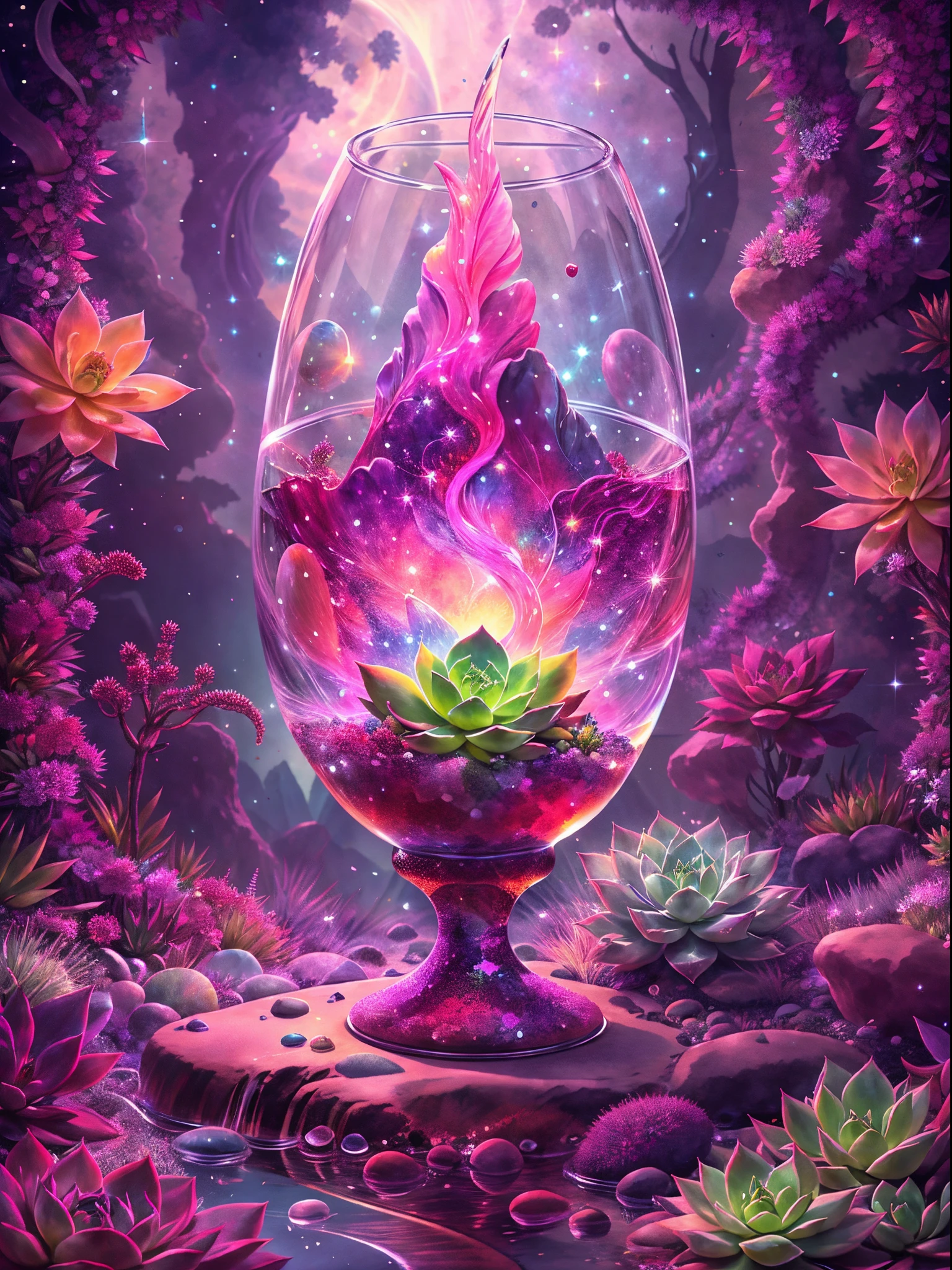 この絵では，神秘的で美しい光景が見られます。絵の中央には透明な水晶の聖杯があります，それ&#39;巨大でゴージャス，透明なクリスタル素材で作られています。The Holy Grail is filled wそれh clear liquid，幻想的な水のプールのように，若干変動あり。 水晶の聖杯の中に，見事な多肉植物が育つ。葉は渦巻いて色鮮やかです，まるで宝石のような色彩，明るく輝いている。それぞれの葉には微妙な線と質感があります，Make それ more real and vivid。多肉植物の茎も透明な質感を呈している，根から葉の隅々まで。 幻想的で壮観な光景に包まれるクリスタルグレイル。透明なクリスタルの壁が周囲の光を反射します，美しい光と影の効果が形成されます。遠くには広い空が見える，Lそれtle bそれs of light shine in それ。空の端に，明るい月が浮かび、光がこぼれた，シーン全体を照らす。 絵全体は視覚的なインパクトと世界感に満ちています.。透明なクリスタルの聖杯の中の多肉植物は、生命の奇跡と自然の力を象徴しています。，周囲の光, 影と星空は人々に神秘的な雰囲気を与える。This painting combines succulents wそれh a clear crystal chalice，非常に魅力的で想像力豊かなシーンを表現。 この絵が視覚的な楽しみと衝撃をもたらすことを願っています，多肉植物の独特の美しさを感じてください。
