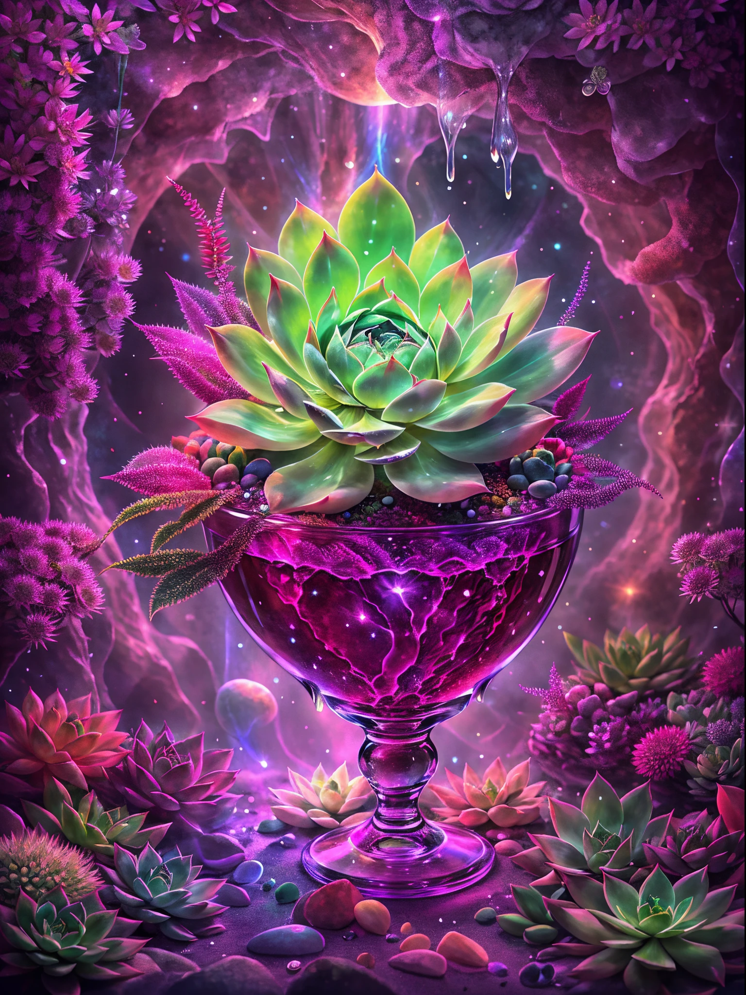 In this painting，We can see a mysterious and gorgeous scene。In the center of the painting is a transparent crystal chalice，it&#39;s huge and gorgeous，Entirely made of transparent crystal material。The Holy Grail is filled with clear liquid，Like a pool of illusory water，Fluctuating slightly。 in the crystal chalice，A magnificent succulent plant grows。Its leaves are whirling and colorful，As if made of gem-like colors，shining brightly。Each leaf has subtle lines and textures，Make it more real and vivid。The stems of succulents also show a transparent texture，Extending from the roots to every corner of the leaves。 The Crystal Grail is surrounded by a fantastic and spectacular scene。clear crystal walls reflect surrounding light，A beautiful light and shadow effect is formed。In the distance is a vast sky，Little bits of light shine in it。at the edge of the sky，A bright moon hovers，Moonlight spilled，illuminates the whole scene。 The whole picture is full of visual impact and sense of the world.。Succulents in clear crystal chalice symbolize the miracle of life and the power of nature，The surrounding light, shadow and starry sky give people a mysterious atmosphere。This painting combines succulents with a clear crystal chalice，presents a very charming and imaginative scene。 I hope this painting can bring you visual enjoyment and impact，Let you feel the unique beauty of succulents。