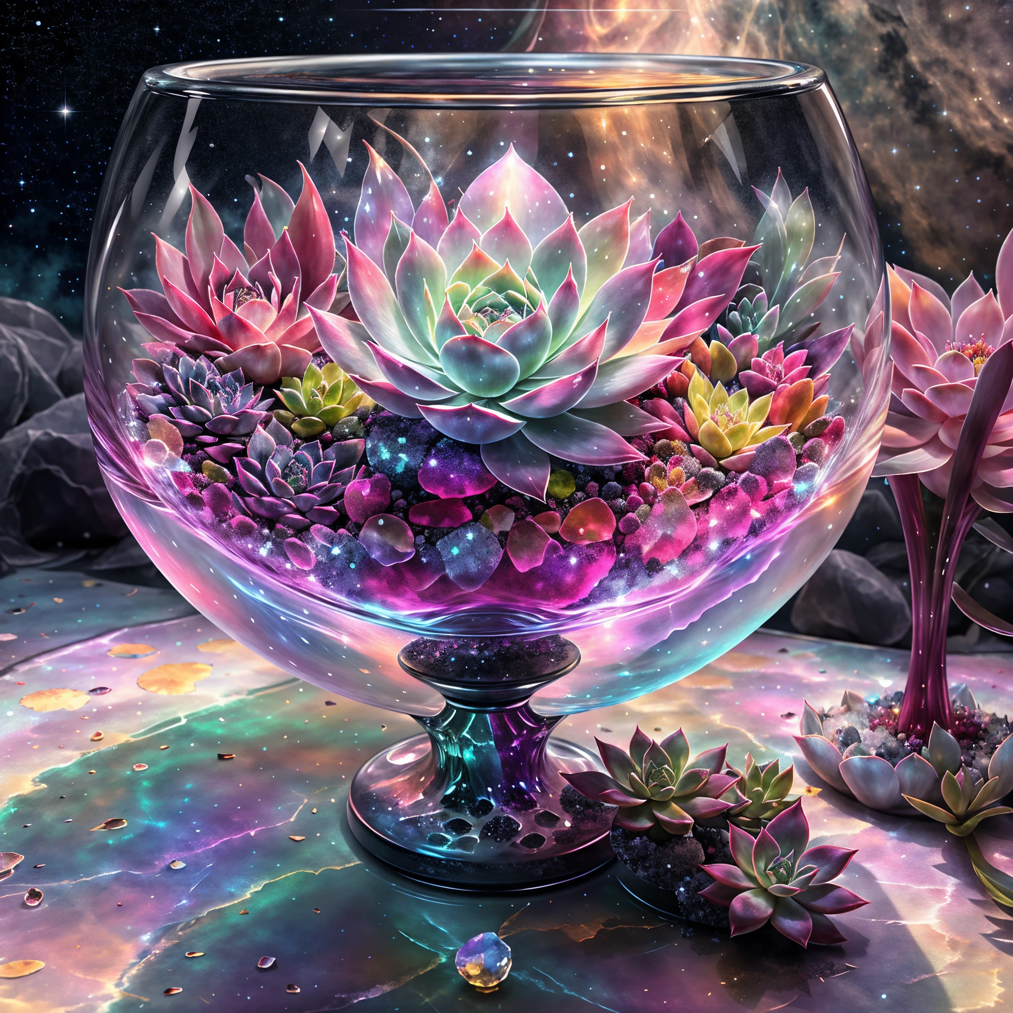 在這幅畫中，我们看到的是一片神秘而华丽的景象。画的中央是一个透明的水晶圣杯，它&#39;巨大而华丽，完全由透明水晶材质制成。The Holy Grail is filled w它h clear liquid，像一潭虚幻的水，略有波动。 在水晶圣杯里，一株壮丽的多肉植物生长。它的叶子旋转，色彩缤纷，仿佛由宝石般的色彩构成，明媚。每片叶子都有细微的线条和纹理，Make 它 more real and vivid。多肉植物的茎也呈现出透明的质感，从根部延伸到叶子的每一个角落。 水晶杯周围是一幅奇幻壮观的景象。透明的水晶壁反射周围的光线，形成美丽的光影效果。远处是一片广阔的天空，L它tle b它s of light shine in 它。在天空的边缘，明月懸光灑落，照亮了整個場景。 整个画面充满视觉冲击力和世界感.。水晶圣杯中的多肉植物象征着生命的奇迹和自然的力量，周围的光线, 阴影和星空给人一种神秘的氛围。This painting combines succulents w它h a clear crystal chalice，呈现出一个非常迷人和富有想象力的场景。 希望这幅画能给你带来视觉的享受和冲击，让你感受多肉植物的独特之美。
