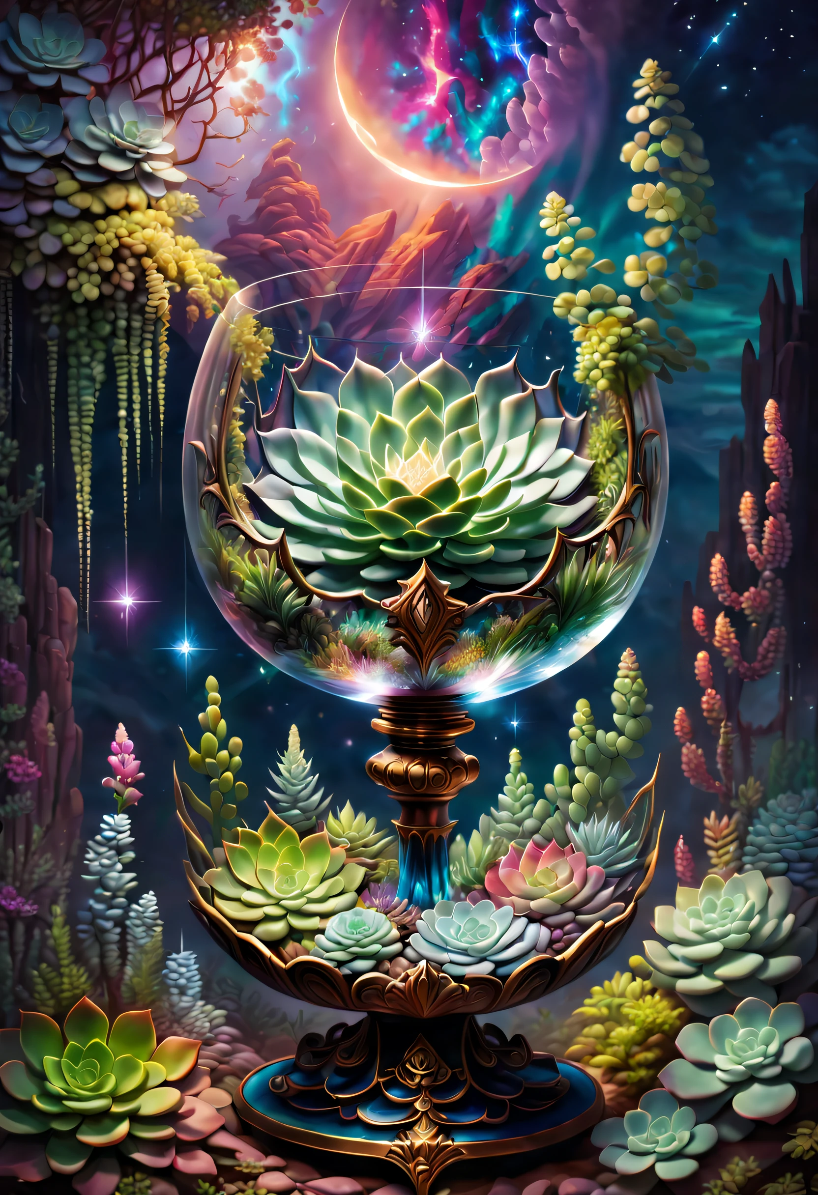 In this painting，We can see a mysterious and gorgeous scene。In the center of the painting is a transparent crystal chalice，it&#39;s huge and gorgeous，Entirely made of transparent crystal material。The Holy Grail is filled with clear liquid，Like a pool of illusory water，Fluctuating slightly。 in the crystal chalice，A magnificent succulent plant grows。Its leaves are whirling and colorful，As if made of gem-like colors，shining brightly。Each leaf has subtle lines and textures，Make it more real and vivid。The stems of succulents also show a transparent texture，Extending from the roots to every corner of the leaves。 The Crystal Grail is surrounded by a fantastic and spectacular scene。clear crystal walls reflect surrounding light，A beautiful light and shadow effect is formed。In the distance is a vast sky，Little bits of light shine in it。at the edge of the sky，A bright moon hovers，Moonlight spilled，illuminates the whole scene。 The whole picture is full of visual impact and sense of the world.。Succulents in clear crystal chalice symbolize the miracle of life and the power of nature，The surrounding light, shadow and starry sky give people a mysterious atmosphere。This painting combines succulents with a clear crystal chalice，presents a very charming and imaginative scene。 I hope this painting can bring you visual enjoyment and impact，Let you feel the unique beauty of succulents。