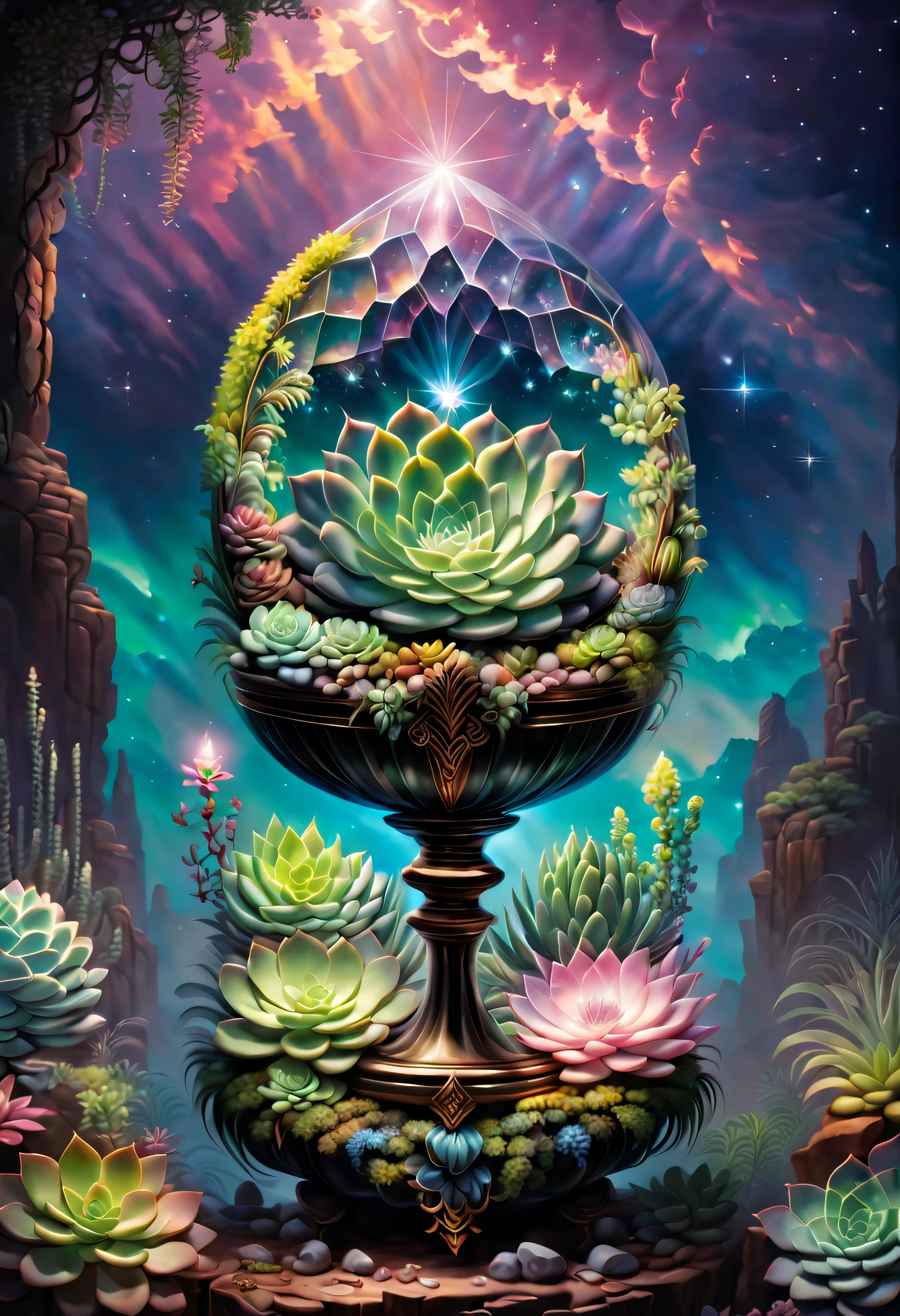 In this painting，We can see a mysterious and gorgeous scene。In the center of the painting is a transparent crystal chalice，it&#39;s huge and gorgeous，Entirely made of transparent crystal material。The Holy Grail is filled with clear liquid，Like a pool of illusory water，Fluctuating slightly。 in the crystal chalice，A magnificent succulent plant grows。Its leaves are whirling and colorful，As if made of gem-like colors，shining brightly。Each leaf has subtle lines and textures，Make it more real and vivid。The stems of succulents also show a transparent texture，Extending from the roots to every corner of the leaves。 The Crystal Grail is surrounded by a fantastic and spectacular scene。clear crystal walls reflect surrounding light，A beautiful light and shadow effect is formed。In the distance is a vast sky，Little bits of light shine in it。at the edge of the sky，A bright moon hovers，Moonlight spilled，illuminates the whole scene。 The whole picture is full of visual impact and sense of the world.。Succulents in clear crystal chalice symbolize the miracle of life and the power of nature，The surrounding light, shadow and starry sky give people a mysterious atmosphere。This painting combines succulents with a clear crystal chalice，presents a very charming and imaginative scene。 I hope this painting can bring you visual enjoyment and impact，Let you feel the unique beauty of succulents。