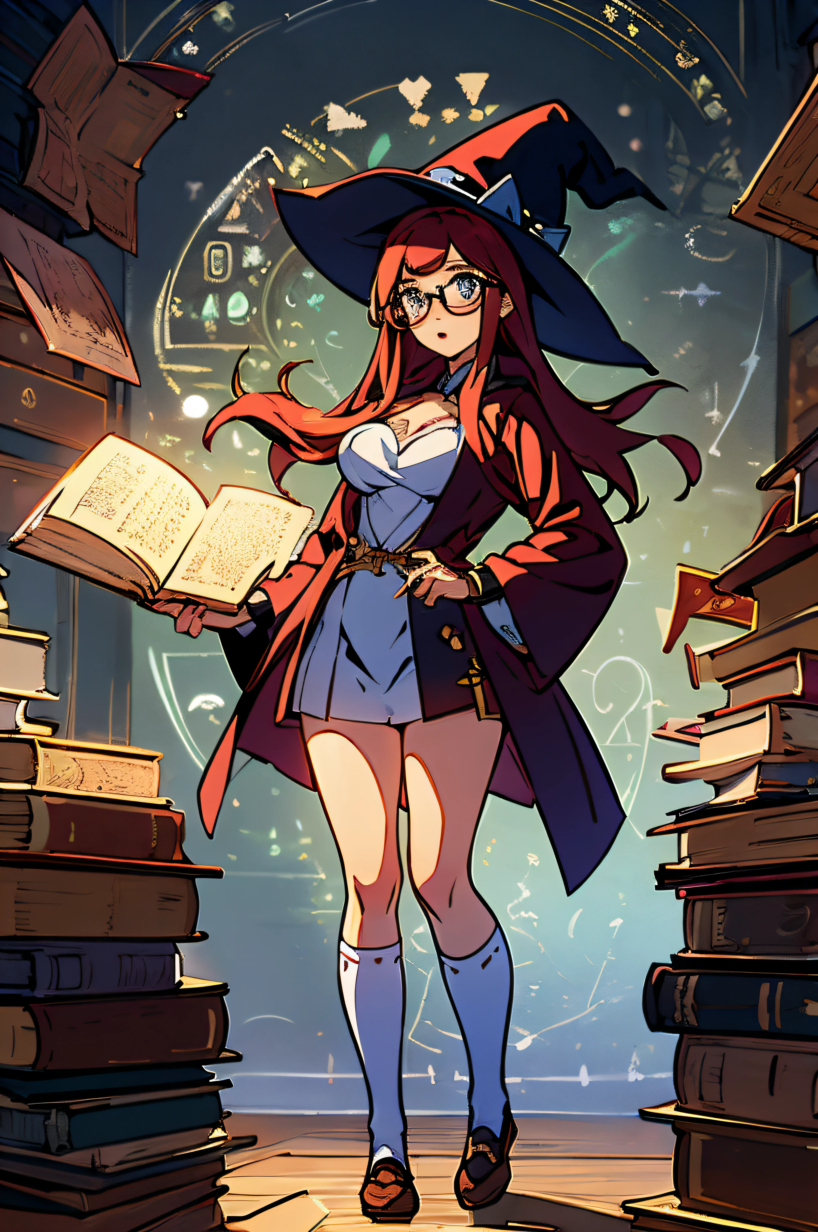 16k, HD, Professional, Highly Detailed, ((Masterpiece: 0.3)), (((High Quality))), Ultra-detailed face, Highly Detailed Lips, Detailed Eyes, full body, full body, 1 girl, long red hair, blue eyes, glasses, c cup breasts, hour glass figure, book on hip, (blue 1.5) wizard robes, long socks, witch hat,