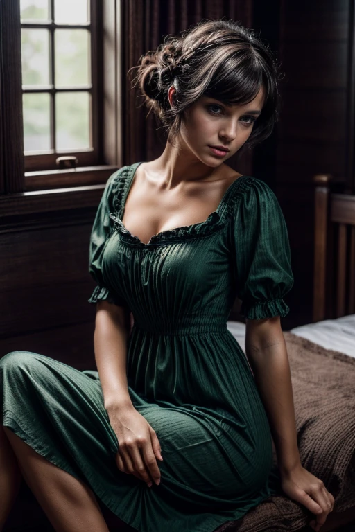 cinematic (close-up, from below) shot of ((1woman, colonial puritan lady) undressing (black puritan gowns from 1700s). ((dark brunette short wavy hair, hair bangs, hair bun, green eyes)). ((partially , breasts out, small breasts, nipples, gowns lift, bare legs, pussy, pubic hair)). 1700 old tavern bedroom, window.