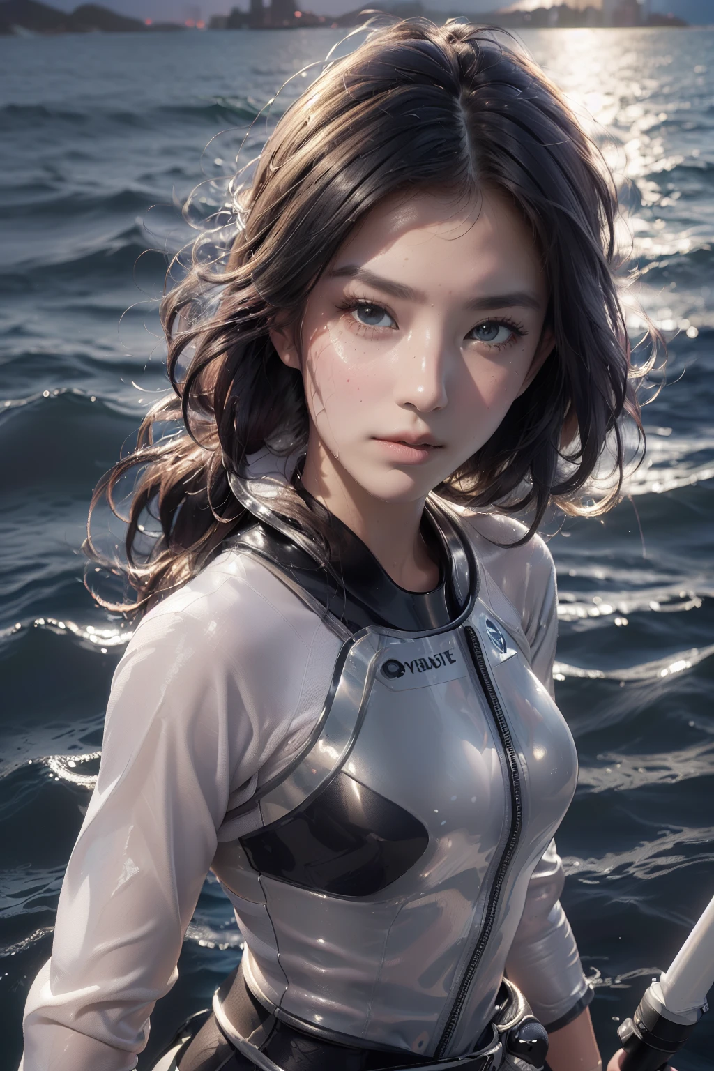 (Photorealsitic, hight resolution, Live-action images、natural soft light:1.4)、One lady、(Best Beautiful Girl、Neat face、Big eyes and high nose、thin chin、Impersonation face), （Outstanding style、round breast、long legged）、((Rescue Team Uniforms、Uniform made of wetsuit material based on white and light gray、Abundant equipment, Equipped with diving goggles on the head、snorkel、Harnes、a belt、Oxygen cylinder、Draw accurately down to the smallest detail))、Rin々Shishi、Cool pose、On a patrol boat at sea、Introduction status、preparation、Wearing a wetsuit will make your toned abs stand out