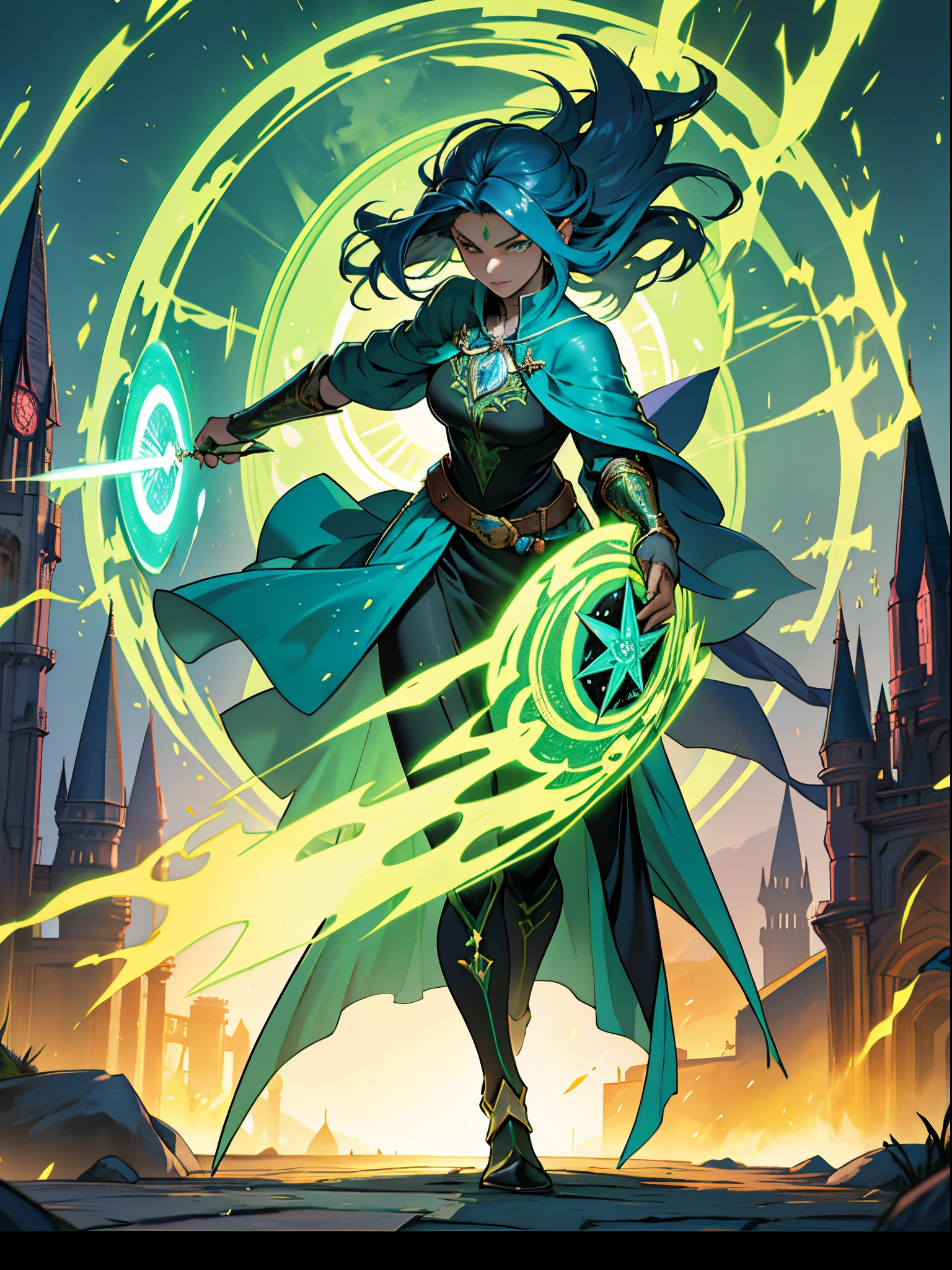 A powerful spell，Can create a magical protective barrier, A woman uses green magic to conjure a magical shield into a perfect fantasy world.8K quality，Full body photo，tmasterpiece