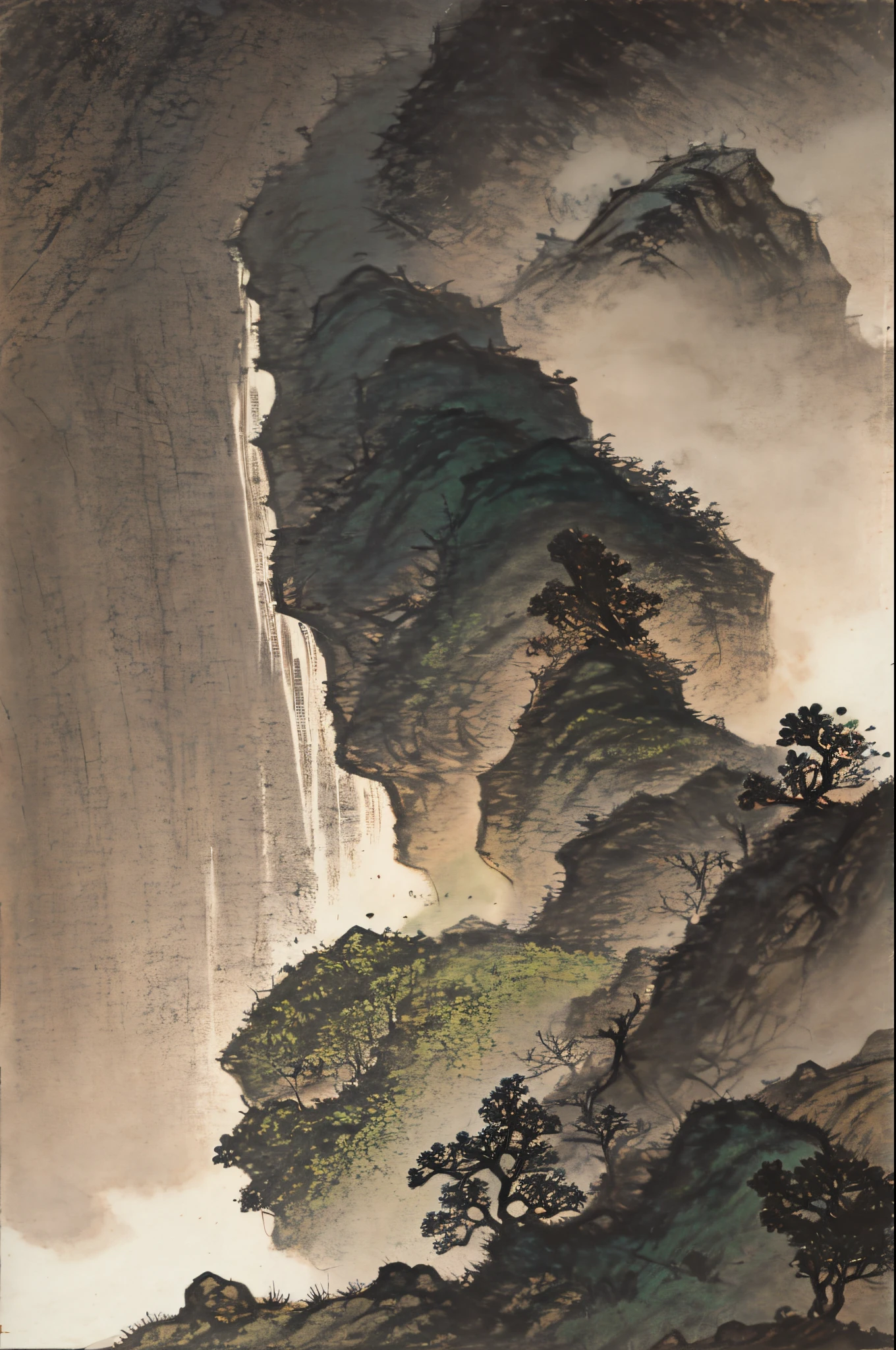 Chinese landscape painting，High hills，path，the trees，（without humans）