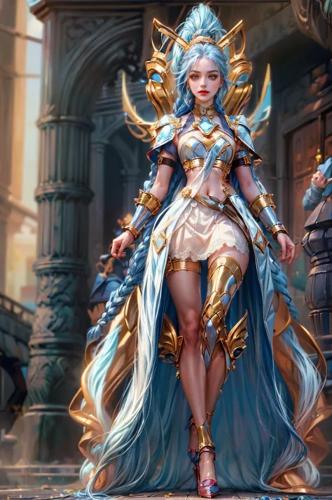 Wearing blue future technology titanium alloy dress armor: 1.5，head to toe，Wearing white crystal plastic high heels，standing on your feet)，((Battle Angel White Lolita Armor)),