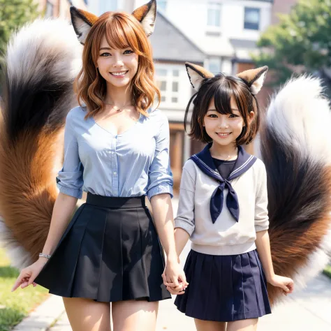 mother and daughter walking on the sidewalk,  female furry mini cute style, Bushy tail, small tits, a picture, top-quality, A sm...