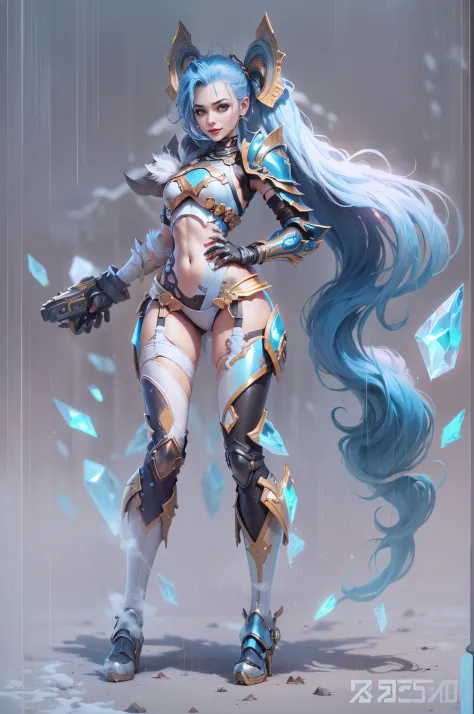 jinxlol, (full bodyesbian, Legs and shoes are visible: 1.2)), jinx \(league of legends\), (1girl、League of Legends Jinx), ((Very long double ponytail, dark-blue hair,)) Kungfu, ((Wearing golden futuristic technology titanium alloy armor: 1.5，head to toe，Cr...