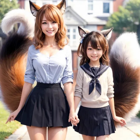 mother and daughter walking on the sidewalk,  female furry mini cute style, Bushy tail, small tits, a picture, top-quality, A sm...