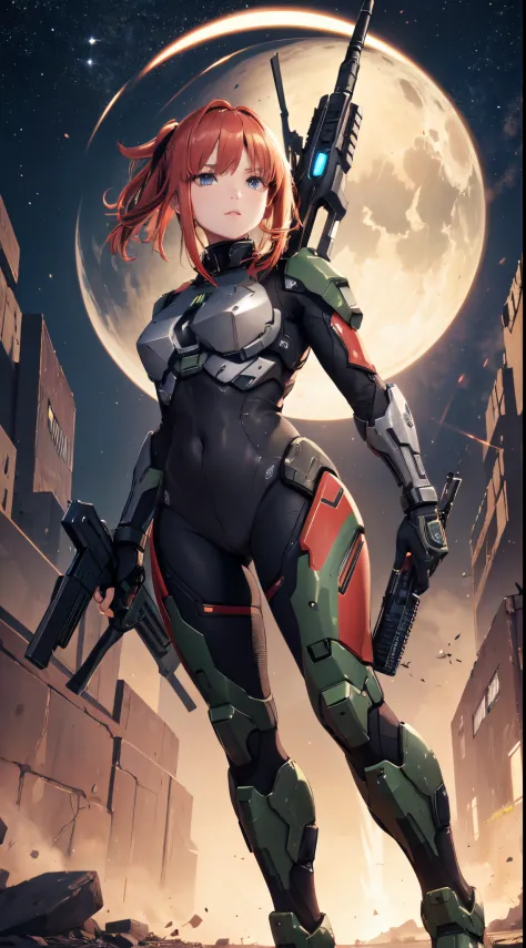 nino nakano,manos detalladas,pose sexy,armadura de halo infinite spartan,rifle de asalto en las manos,nave en el espacio