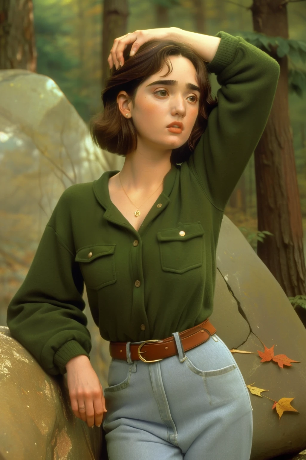 1998, Berkshire County, Massachusetts. Pre-raphaelite ((((46-year-old)) Jennifer Connelly)), forest, autumn, rock-shaped stone, ((((casual clothing from the 1990s)))), ((( short hairstyle of the 1990s))), ((Wes Anderson cinematic style)), colorful