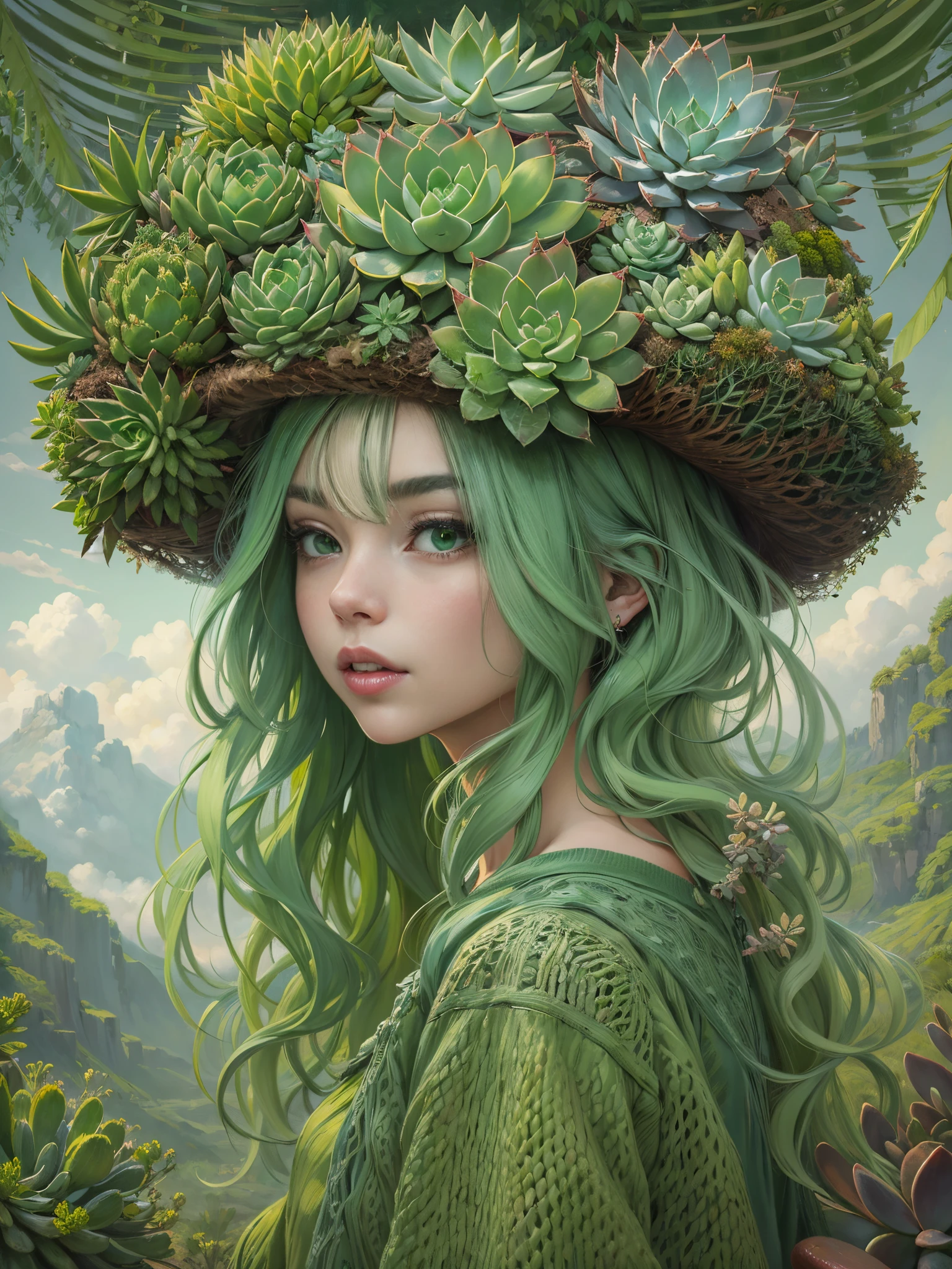 une peinture à l&#39;huile，Belle fille portant un chapeau succulent,cheveux verts，（（（Plantes succulentes））， Oeuvre de style Guviz,，créativité artistique:1.37