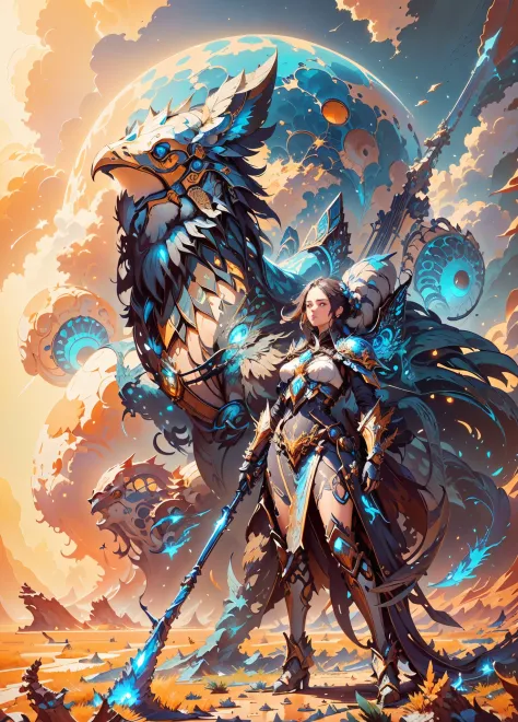 a beautiful alian woman stands in front of her large flightless bird with an alien worrior's staff and fight regalia armor, 36k ...