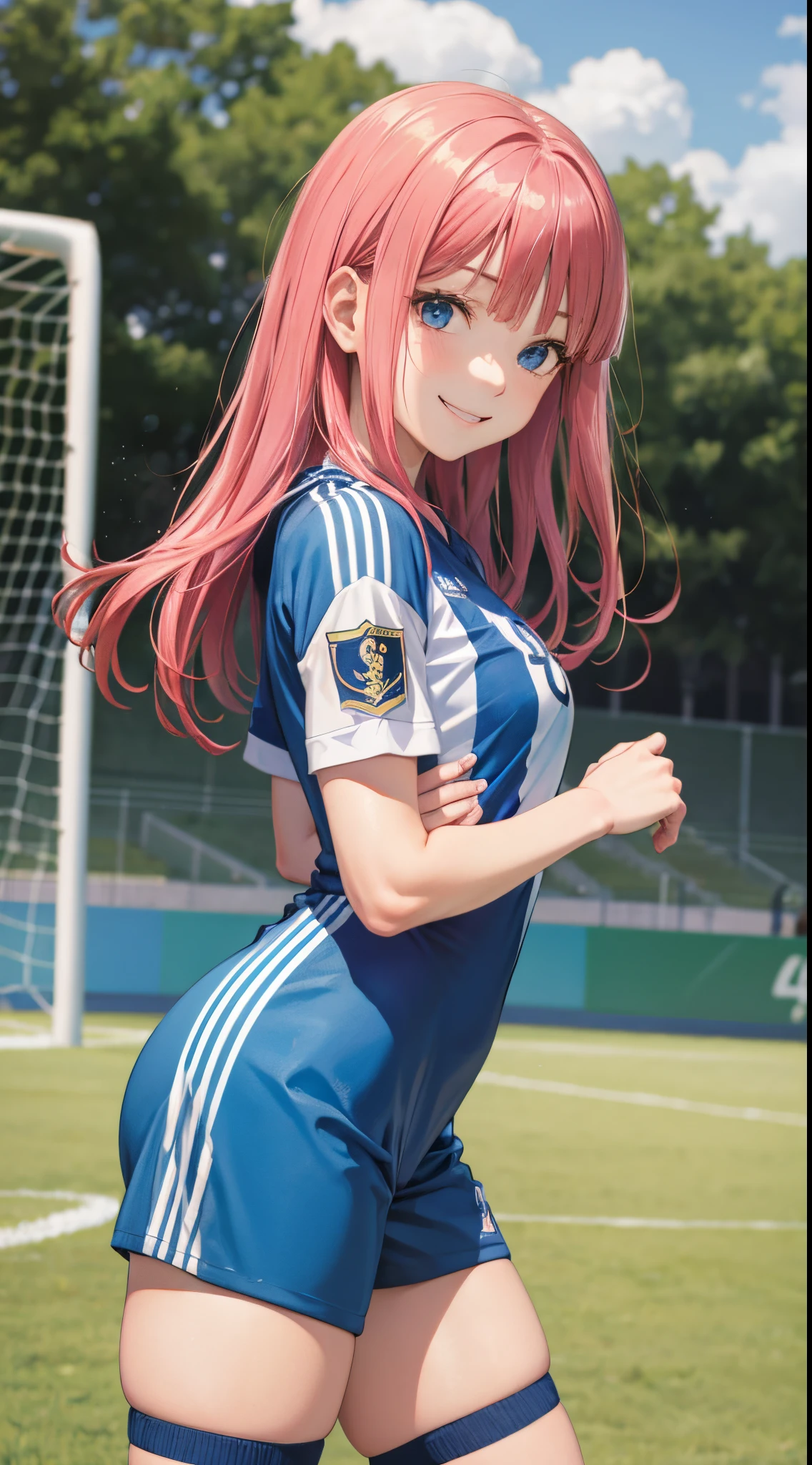 A woman in a blue and white uniform posing on a soccer field - SeaArt AI