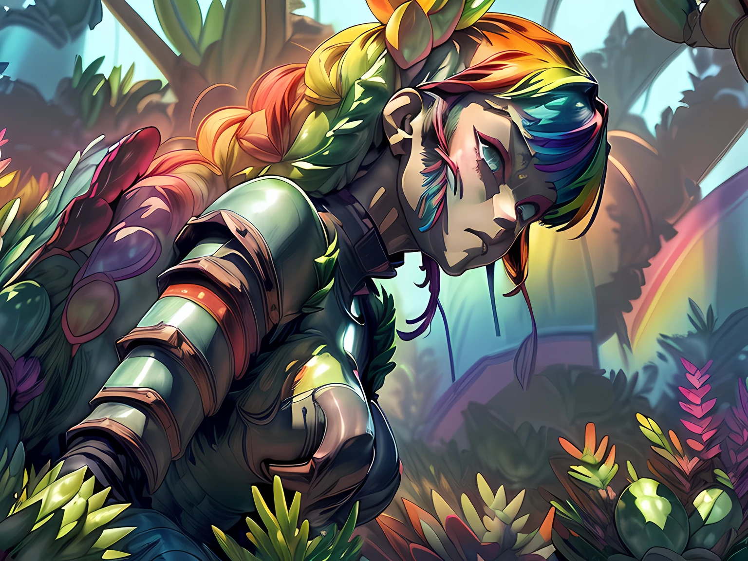 a picture of a mecha woman resting in a rainbow colored succulents meadow, full body, an exquisite beautiful (ultra detailed, Masterpiece, best quality: 1.4) female mecha woman, dynamic angle (best detailed, Masterpiece, best quality), best detailed face (best detailed, Masterpiece, best quality: 1.5), ultra feminine (best detailed, Masterpiece, best quality), red hair, long hair, braided hair, dynamic eyes color, (wearing mecha armor: 1.4), resting in (rainbow colored succulents meadow: 1.6), full colored, (perfect spectrum: 1.3),( vibrant work: 1.4) vibrant shades of red, orange, yellow, green, blue, indigo, violet  day light, sun rising,  high details, fantasy art, RPG art best quality, 16k, [ultra detailed], masterpiece, best quality, (ultra detailed), full body, ultra wide shot, photorealistic, mecha musume