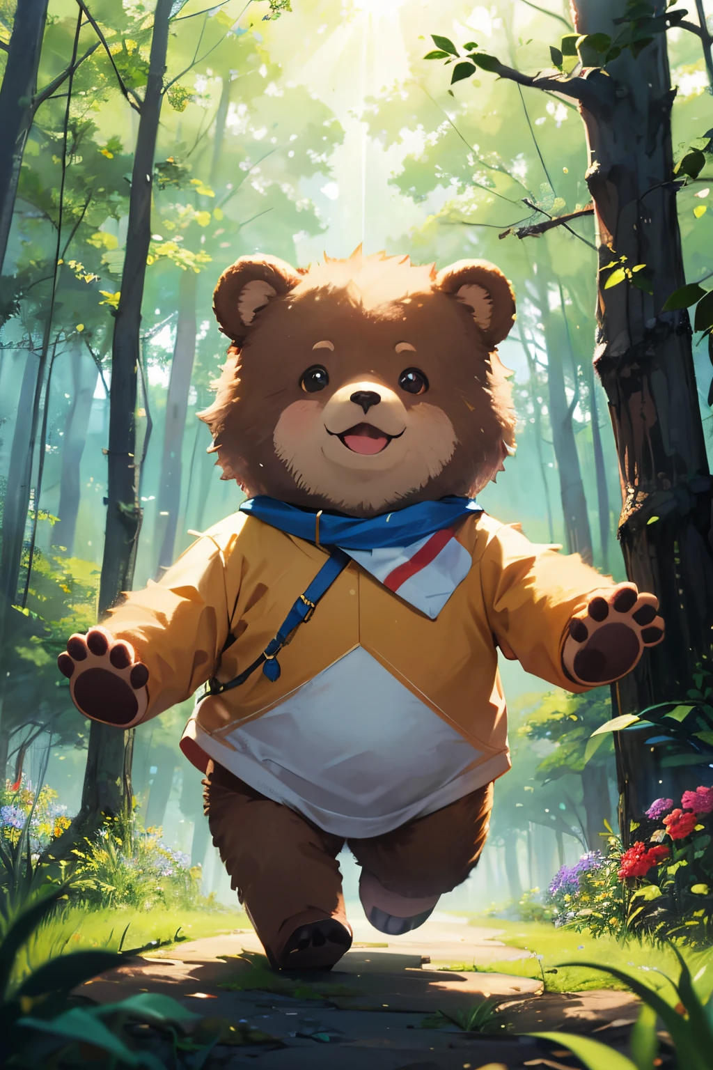 tmasterpiece, Best quality at best, A high resolution, A cute cartoon bear, Beautiful forest, Flowers and plants, soft sun light, running, laughingly, happy, Positive side, depth of field, cinematic lighting