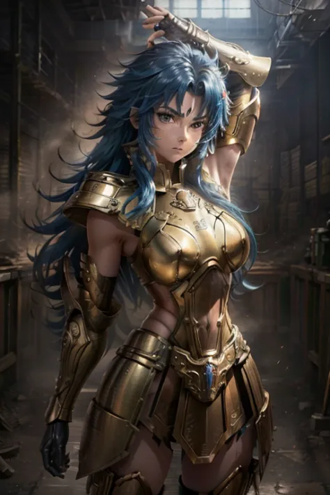 Ultra-high saturation (Gemini Armor) foto de corpo inteiro, (melhor qualidade,（1 cinta)，big tits, Usando armadura dourada brilha...