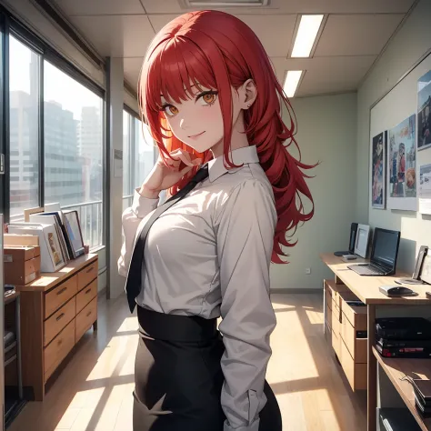 A modern office indoors, with Makima from Chainsaw Man standing alone and looking back from behind. She is dressed in a casual s...
