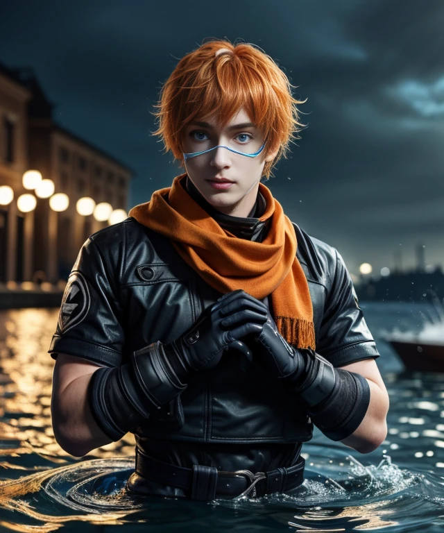 Masterpiece, Best Quality, tartaglia (Genshin Impact), gloves, mask, male focus, 1boy, blue eyes, black gloves, solo, orange hair, bangs, water, jacket, Hair between the eyes, Jewelry, a scarf,