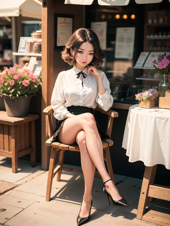 Asian cute woman model, innocent face, Lace, High heels wearing white shirt black skirt, highly detailed small five fingers on each hand, 2 hands, 2 legs, stylized hair, natural appearance, stylized pose, sitting on a wooden chair in front of a small market booth filled with beautiful flowers, flower arrangements, detailed gift tin boxes vintage design, realistic, summer day,