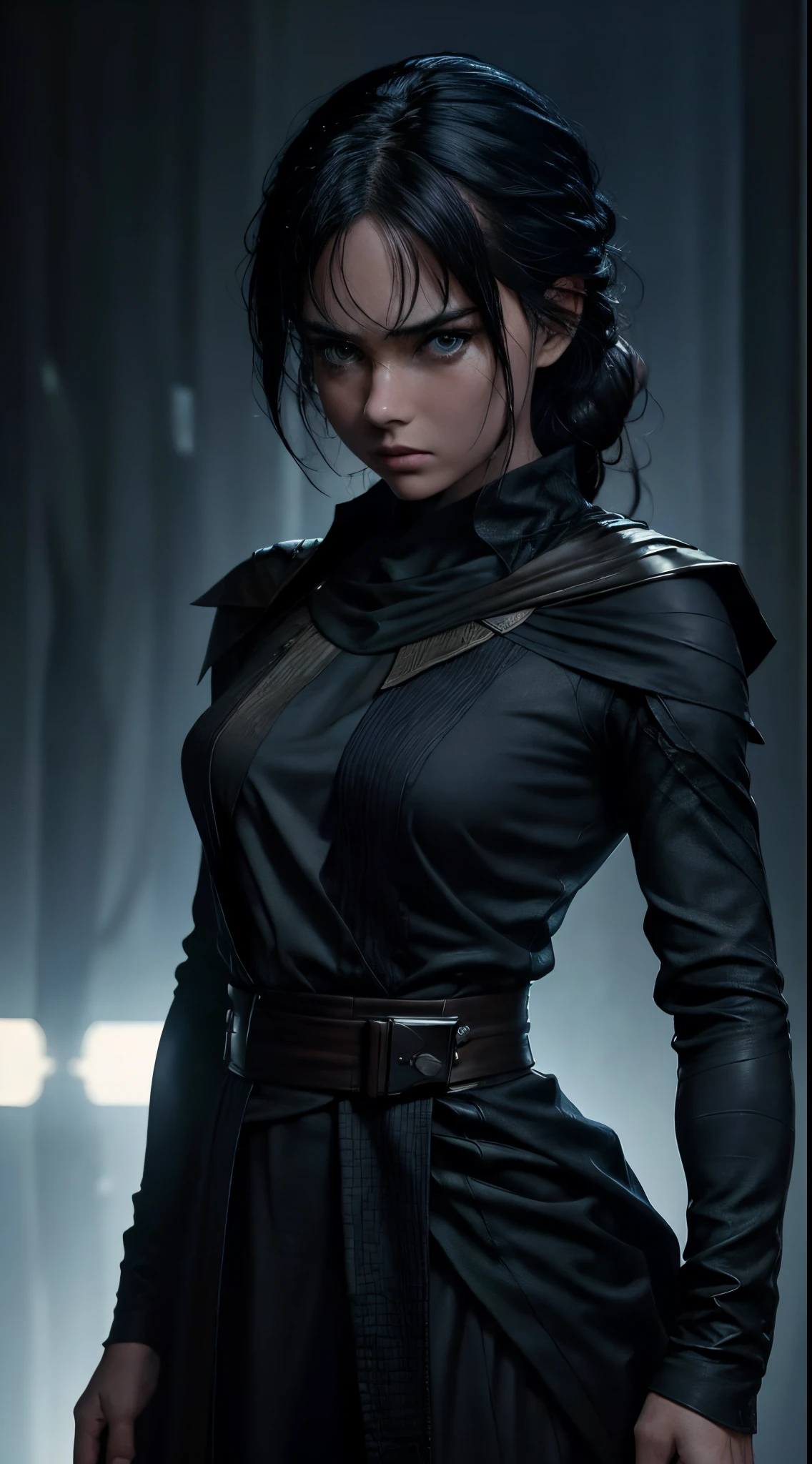 A detailed photograph of a serious looking jedi front looking and  directly at the camera, standing straight, hands relaxed, square jaws, female face, buff looking, wearing a beautiful dress, detailed clothing texture, realistic sking texture, shine  background, sharp focus, front view, wrinkle, waist up shot, hight contrast, strong backlighting, action film dark color lut, cinematic luts