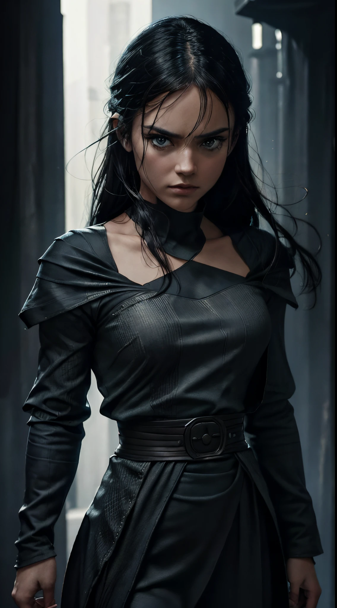 A detailed photograph of a serious looking jedi front looking and  directly at the camera, standing straight, hands relaxed, square jaws, female face, buff looking, wearing a beautiful dress, detailed clothing texture, realistic sking texture, shine  background, sharp focus, front view, wrinkle, waist up shot, hight contrast, strong backlighting, action film dark color lut, cinematic luts