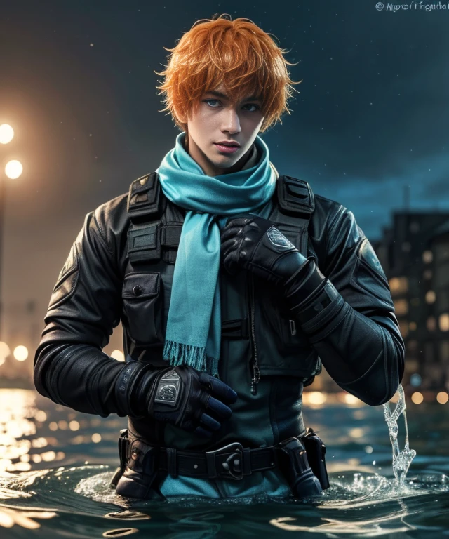 Masterpiece, Best Quality, Tartaglia (Genshin Impact), gloves, mask, male focus, 1boy, blue eyes, black gloves, 独奏, orange hair, Bangs, water, jacket, Hair between the eyes, Jewelry, a scarf,