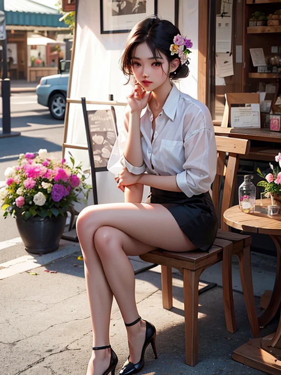 Asian cute woman model, innocent face, Lace, High heels wearing white shirt black skirt, highly detailed small five fingers on each hand, 2 hands, 2 legs, stylized hair, natural appearance, stylized pose, sitting on a wooden chair in front of a small market booth filled with beautiful flowers, flower arrangements, detailed gift tin boxes vintage design, realistic, summer day,