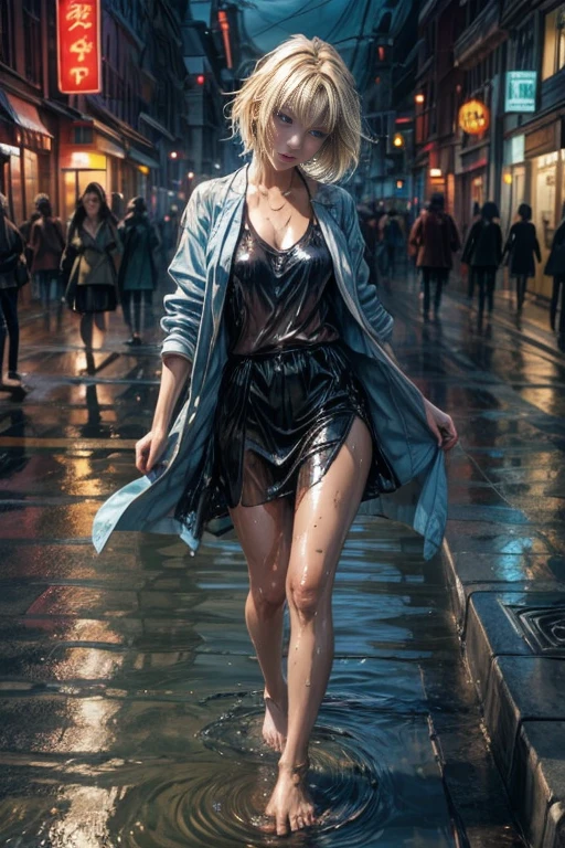 Young Korean woman standing,  ((City Street)),  ((Fully clothed)), ((overcoat)), ((V-Neck T-Shirt)),((Barefoot)), Black miniskirt, Blonde short hair, slim build,Jewelry, Large earrings, deep in the night, Detailed background, Dark, busy street, Cinematic, Neon light, masutepiece,  Best Quality, Raw photo, Up close, zoomed in,  Photorealistic, ((Looking at Viewer)), see through,Dripping wet, beautiful realistic photo, Surreal Fantasy Pictures,  close up, Tight frame, 8K, ultra-detailliert, Detailed skin, Blue eyes, freckle, ((Drenched)), ((soaked)), (Dripping water), Flabby clothes, Wet Street, wet all over, wet dripping hair, POV, (posing for photo) Portrait, close-up, Bottom Angle, myst