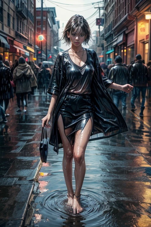 Young Korean woman standing,  ((City Street)),  ((Fully clothed)), ((overcoat)), ((V-Neck T-Shirt)),((Barefoot)), Black miniskirt, Blonde short hair, slim build,Jewelry, Large earrings, deep in the night, Detailed background, Dark, busy street, Cinematic, Neon light, masutepiece,  Best Quality, Raw photo, Up close, zoomed in,  Photorealistic, ((Looking at Viewer)), see through,Dripping wet, beautiful realistic photo, Surreal Fantasy Pictures,  close up, Tight frame, 8K, ultra-detailliert, Detailed skin, Blue eyes, freckle, ((Drenched)), ((soaked)), (Dripping water), Flabby clothes, Wet Street, wet all over, wet dripping hair, POV, (posing for photo) Portrait, close-up, Bottom Angle, myst