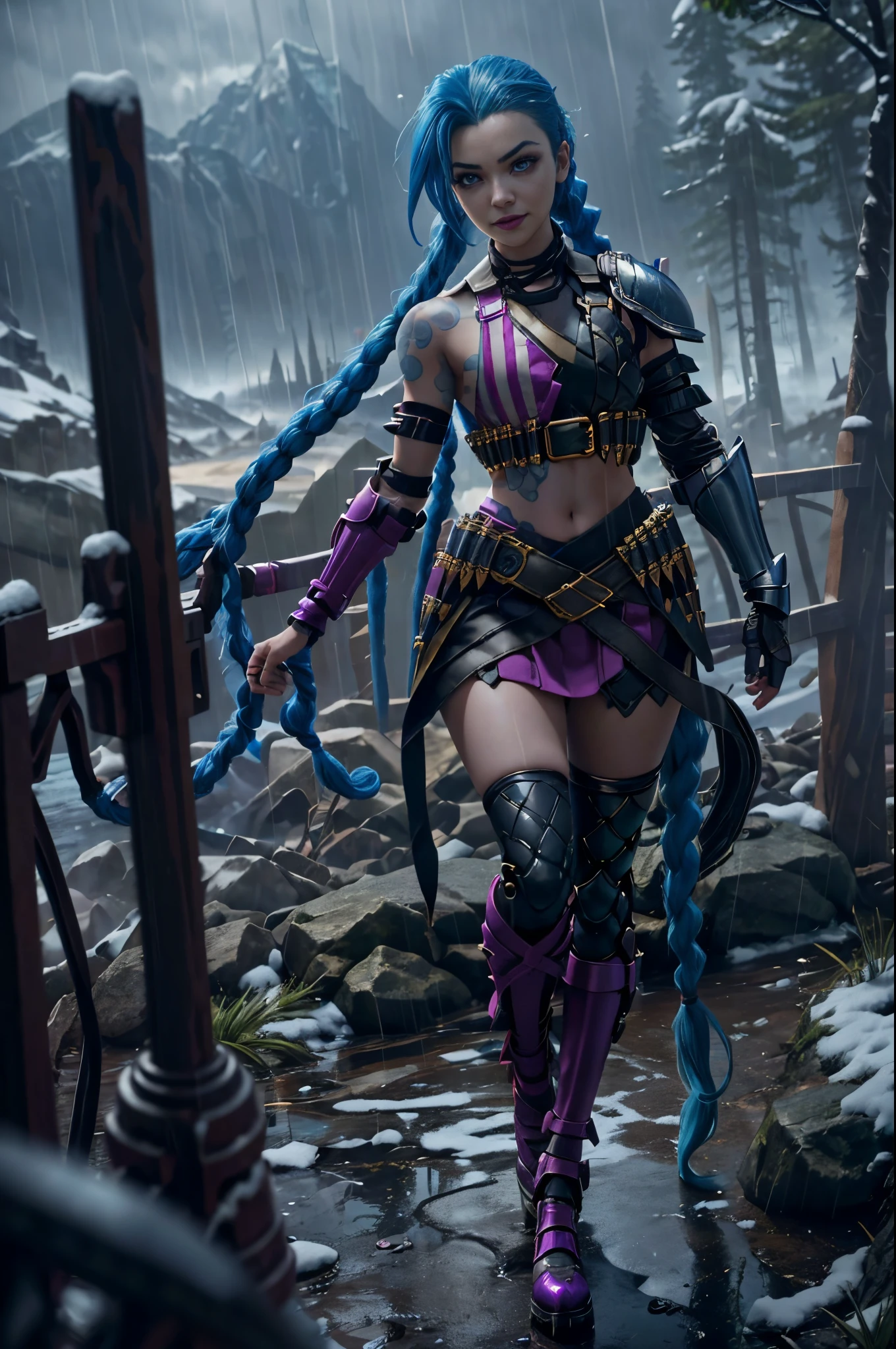 jinxlol, (full bodyesbian, Legs and shoes are visible: 1.2)), jinx \(league of legends\), (1girl、League of Legends Jinx), ((Very long double ponytail, dark-blue hair,)) Kungfu, ((Wearing golden futuristic technology titanium alloy armor: 1.5，head to toe，Crystal heels，standing on your feet))，(Handheld particle laser cannon，Revolver in hand)，((Battle Angel White Lolita Armor)), mouth open smile, Cute pose, striped lace stockings, (Heart shaped leg garters), (White mechanical armor plastic shoes: 1.2), ((Super detailed clothing and fashion)) , ((looking at you)), Aoshu crystal，Attack status，(Snowy mountain woods，surrounded by rain，League of Legends Game World)，Illustration style，The whole body is exposed to the rain for a long time，(exquisite facial features，Perfect hand featureartial arts style，(selective focus，full body shot of，tmasterpiece，ultra - detailed，Epic work，highest  quality，8k、in a panoramic view、first person perspective、Atmospheric perspective、UHD、tmasterpiece、acurate、anatomy correct、textureskin、high detal、Award-Awarded、best qualtiy)、gaming character、jinxlol