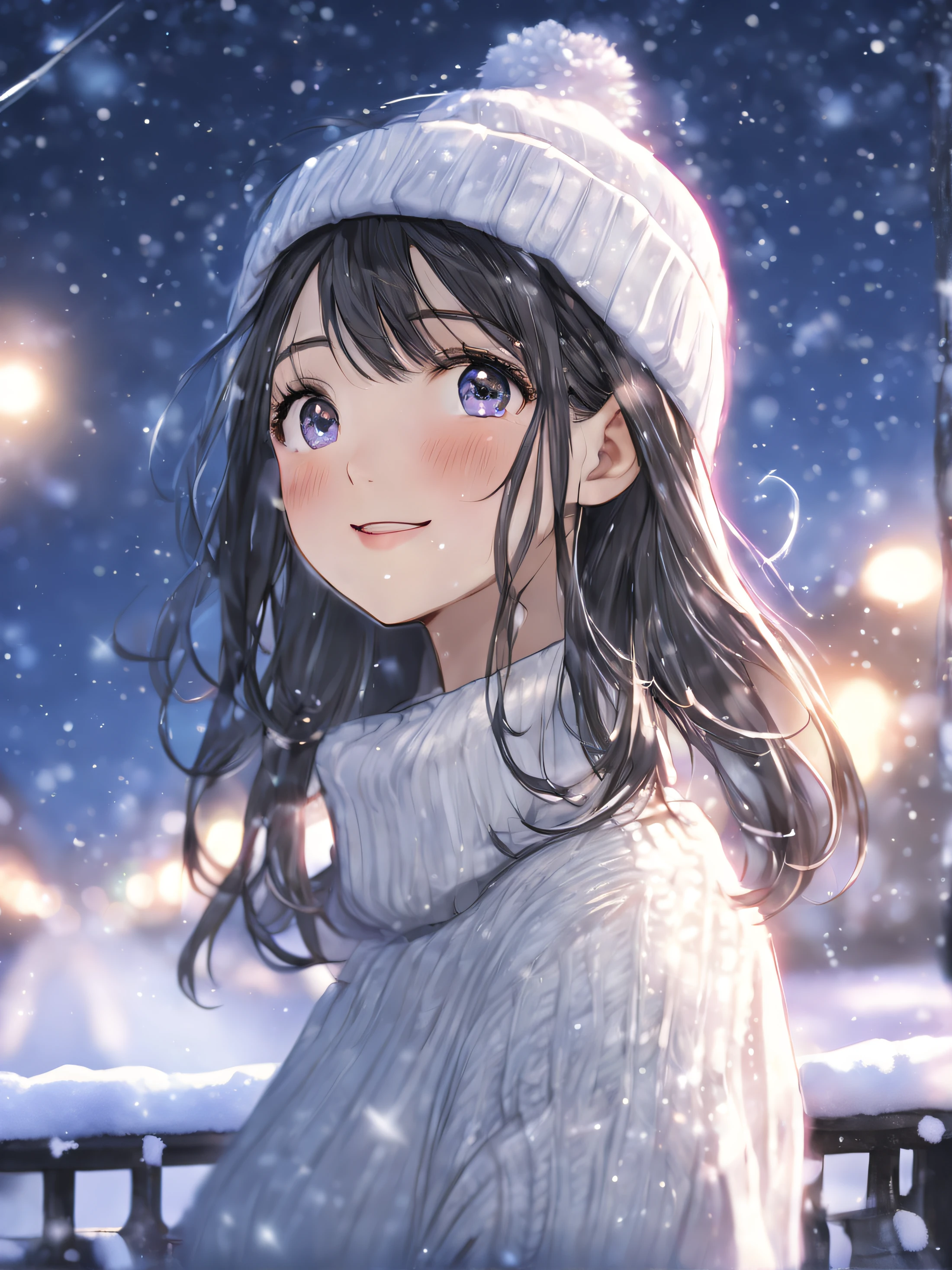 side face focus, eyes focus, cute, masterpiece, best quality, sharp focus, UHD, 1girl, Black hair, looking at the night sky, sparkling eyes, happy expression, Beanie, white sweater, turtleneck, snow season, sparkle snow falling, side-looking, upper body, night scene,