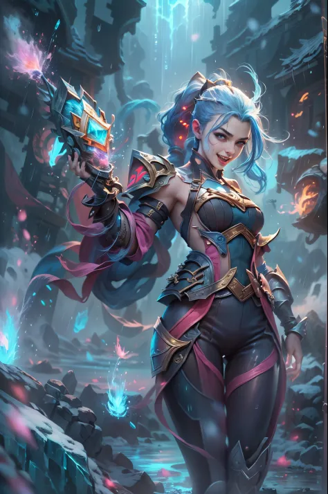 (Long shot: 1.5), jinx \(league of legends\), (1girl, League of Legends Jinx), (Scarlet eyes, crazy laughter, Blue double ponytail hair: 1.5), kung fu, ((Wearing gold futuristic sci-fi titanium alloy armor: 1.5, head to toe, crystal high heels, standing)), (holding particle laser cannon, revolver in hand), arcane crystal, attack status, (snowy mountains and woods, surrounded by rain, League of Legends game world), Illustration style, full body exposed to the rain for a long time, (exquisite facial features, perfect hand features), martial arts style, (selective focus, full body shot, masterpiece, super detailed, epic work, highest quality, 8k, panorama, first-person view, atmospheric perspective, UHD, masterpiece, ccurate, anatomically correct, textured skin, high details, award winning, best quality), Game character, jinxlol