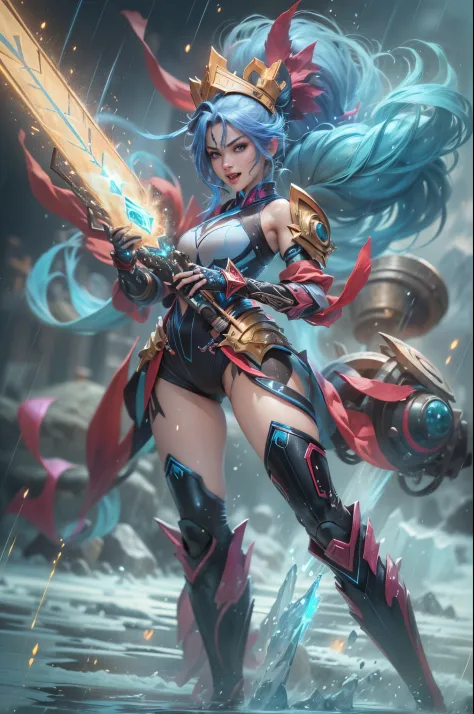 (Long shot: 1.5), jinx \(league of legends\), (1girl, League of Legends Jinx), (Scarlet eyes, crazy laughter, Blue double ponytail hair: 1.5), kung fu, ((Wearing gold futuristic sci-fi titanium alloy armor: 1.5, head to toe, crystal high heels, standing)),...