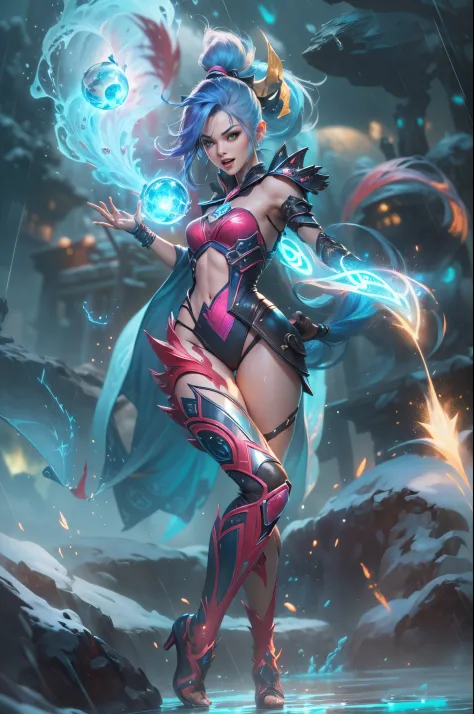 (Long shot: 1.5), jinx \(league of legends\), (1girl, League of Legends Jinx), (Scarlet eyes, crazy laughter, Blue double ponytail hair: 1.5), kung fu, ((Wearing gold futuristic sci-fi titanium alloy armor: 1.5, head to toe, crystal high heels, standing)),...