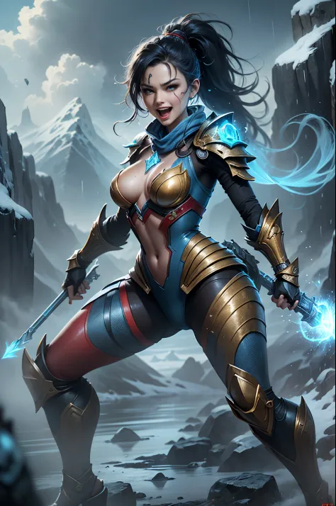 (Long-range shooting: 1.5), jinx \(league of legends\), (1girl，League of Legends Jinx)，(Scarlet eyes, crazy laughter, Blue double ponytail hair: 1.5)，Kungfu，((Wearing gold futuristic sci-fi titanium alloy armor: 1.5，head to toe，Crystal heels，standing on yo...