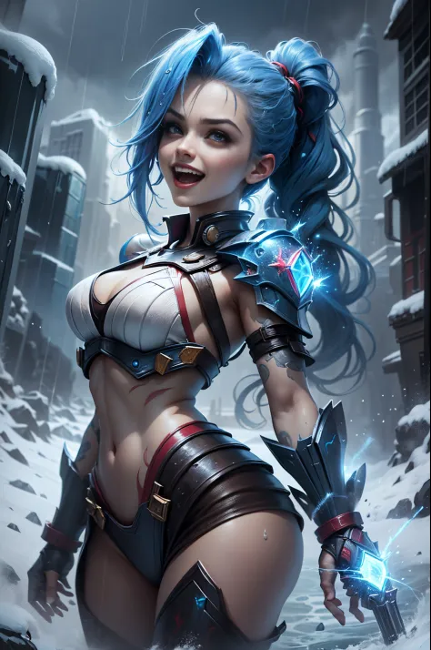 (Long-range shooting: 1.5), jinx \(league of legends\), (1girl，League of Legends Jinx)，(Scarlet eyes, crazy laughter, Blue double ponytail hair: 1.5)，Kungfu，((Wearing a white futuristic sci-fi plastic mecha: 1.5，head to toe，Crystal heels，standing on your f...
