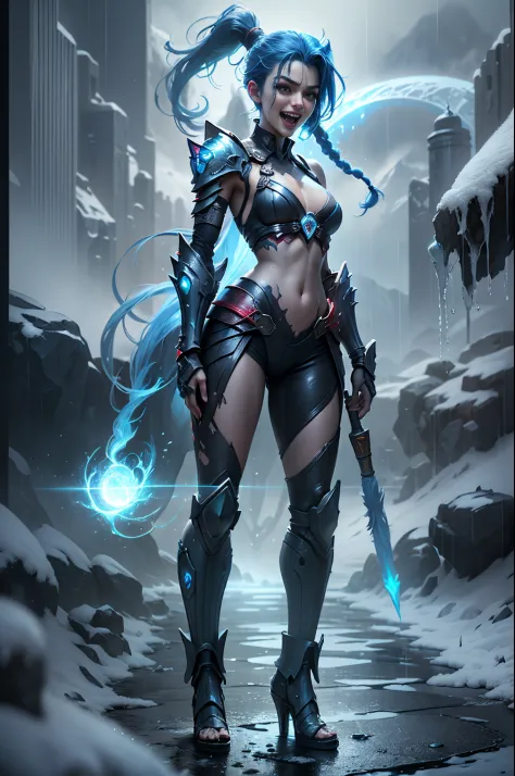 (Long-range shooting: 1.5), jinx \(league of legends\), (1girl，League of Legends Jinx)，(Scarlet eyes, crazy laughter, Blue double ponytail hair: 1.5)，Kungfu，((Wearing a white futuristic sci-fi plastic mecha: 1.5，head to toe，Crystal heels，standing on your f...