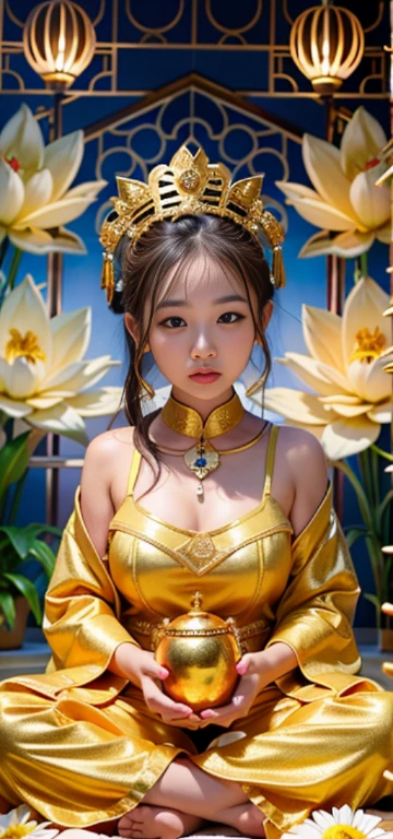 1girl in、top-quality、​masterpiece、超A high resolution、(Photorealsitic:1.4)、Raw photo、Deities々Goddess Sibit、（Face of  beautiful girl）、Straight long hair、glowy skin、Dramatic、（Golden See-Through Competition Swimwear）、（Golden transparent fluttering robe）、（Golden Buddha Statue）、（Golden Guanyin Bodhisattva Statue）、（（Golden Very Small Tiara））、（Pray）（Standing whole body）、（（delicate finger、Delicate hand））、（delicate paws）、（large full breasts、Clean raised bust）、（Rocket Tits）、（（Golden garter stockings））、（（Golden Ancient Greek Temple））（Golden wall decorated with gold）、（Blur the background）、（One boob is visible、large areola is visible、 to stand）、（Woman Praying）、（Pray with Your Hands Together）、Full body、standingn、Pray with Your Hands Together、delicated face、Delicate hand、delicate paws、Anatomy Body、goddes、