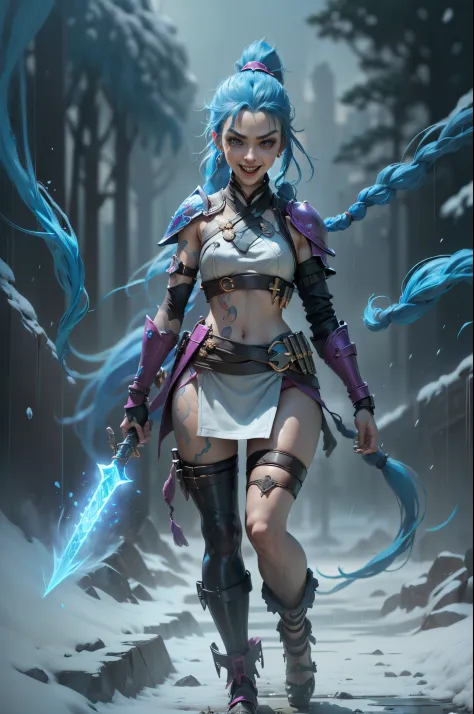 (Long-range shooting: 1.5), jinx \(league of legends\), (1girl，League of Legends Jinx)，(Scarlet eyes, crazy laughter, Blue double ponytail hair: 1.5)，Kungfu，((Wearing white plastic armor，head to toe，Crystal heels，standing on your feet))，(Holding a particle...