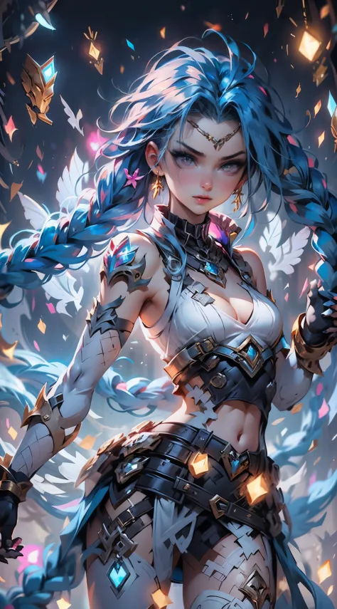 league of legend, (jinx \(league of legends\), 1girl, Blue double braids, Alone、full body shot of，standing on your feet，head to toe，Slim figure、White network set、White plastic tights with thin clothes, Gold gloves、 ((mini-skirts)),Wear pink tights under sk...