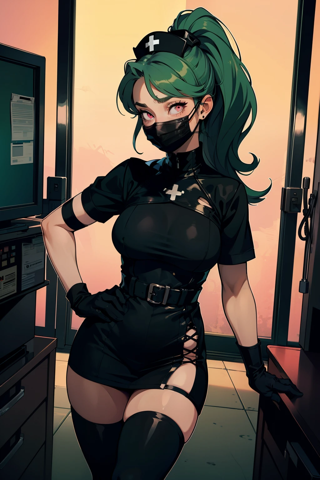 black nurse, 1girl, solo, black nurse cap, black wear, ((black legwear, zettai ryouiki)), black elbow gloves, ponytail, green hair, pink eyes, ((black surgical mask, covered nose)), standing, ((surgery room)), sharp outline, short sleeves, best quality, masterpiece